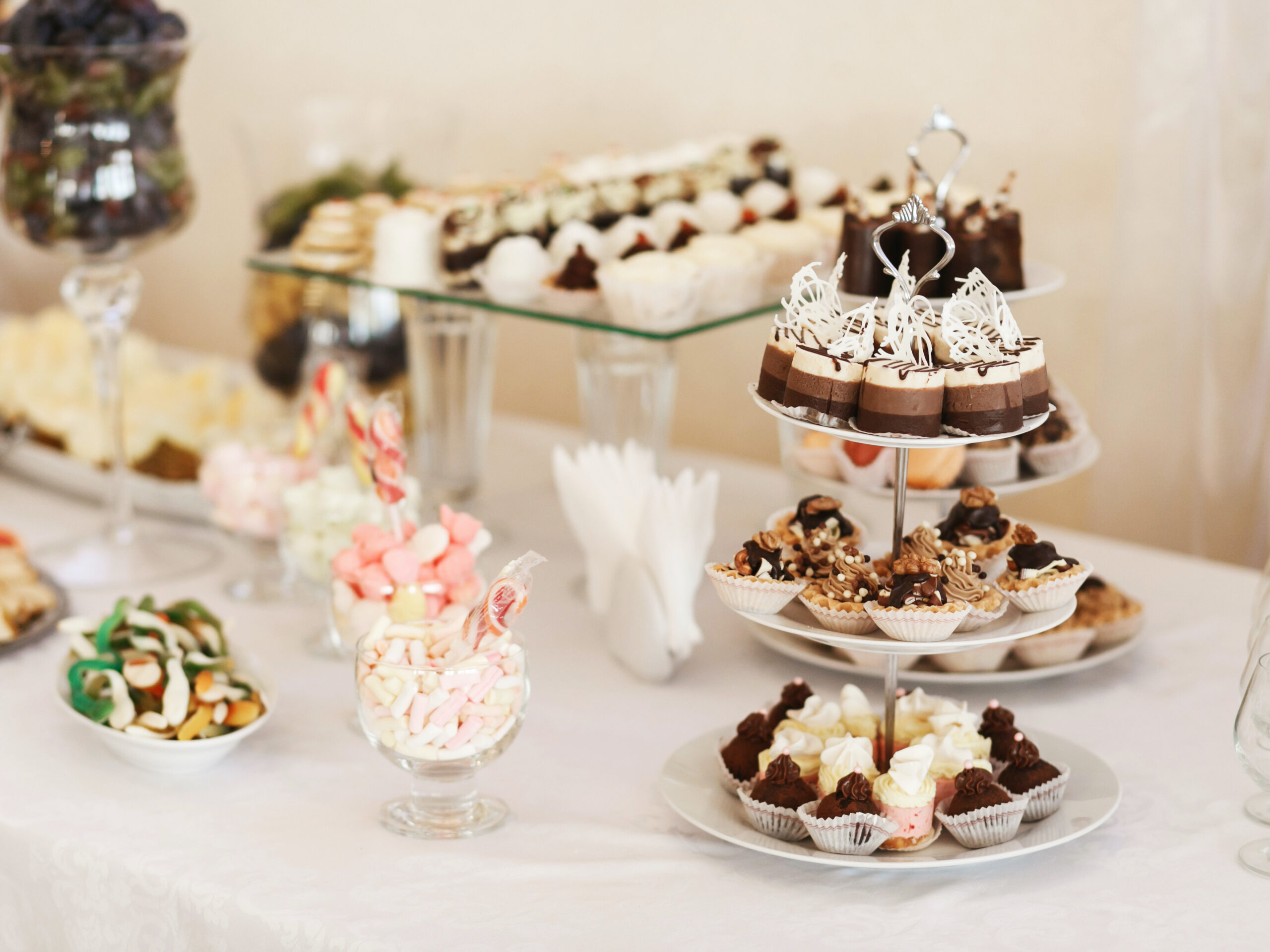 Sweet food on the table. Wedding feast. Catering food, service. Cafeteria, restaurant.